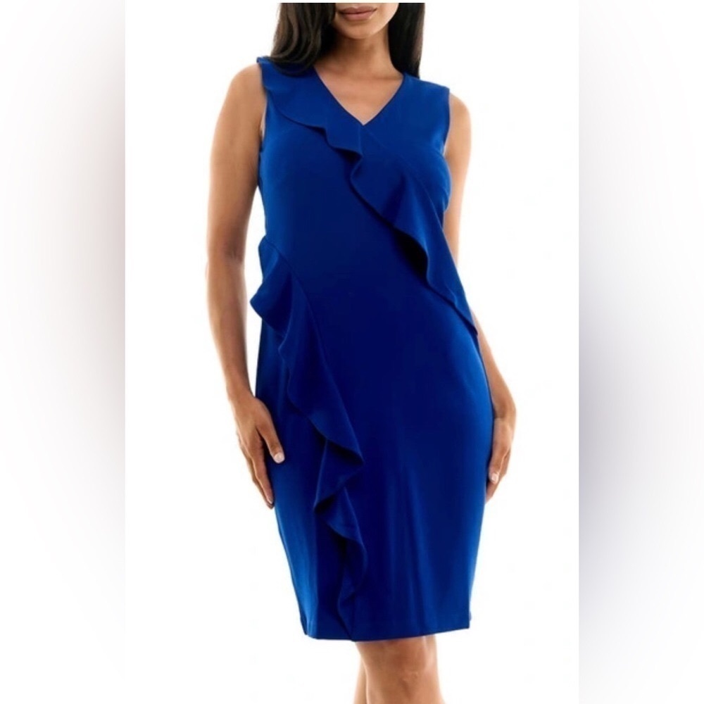Nina Leonard Ruffle Sheath Party Cocktail Dress XL Sapphire Blue Date Night NWT